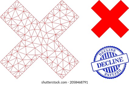 Web carcass x-cross vector icon, and blue round DECLINE corroded stamp imitation. DECLINE stamp seal uses round template and blue color. Flat 2d carcass created from x-cross icon.