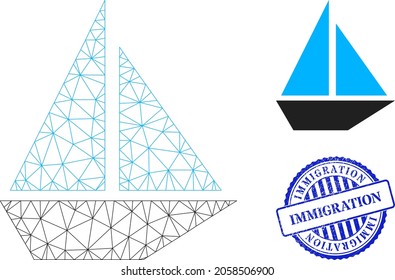 Web carcass yacht vector icon, and blue round IMMIGRATION unclean stamp seal. IMMIGRATION stamp seal uses round shape and blue color. Flat 2d model created from yacht pictogram.