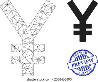 Web carcass yen vector icon, and blue round PREVIEW rough badge. PREVIEW seal uses round form and blue color. Flat 2d carcass created from yen pictogram. Abstract carcass mesh polygonal yen.