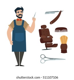Web Cartoon Professional Barber with Tools. Flat Design Style. Vector illustration happy man haircut and moustache on white. Hair salon equipment fashion room of barbers shop