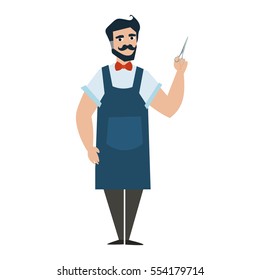 Web Cartoon Professional Cute Barber. Classic Hairdresser with Scissors Flat Design Style. Vector illustration