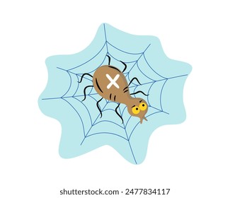 Web and cartoon spider. Halloween, holiday. Icon, badge, holiday attribute. Vector illustration, isolated background.