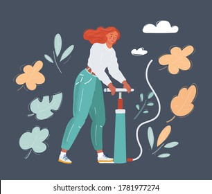 Web cartoon vector illustration of young smiling Caucasian woman using bike air pump for spring season bicycle maintenance. Concept for joy of manual labor and summer vacation sport activities.