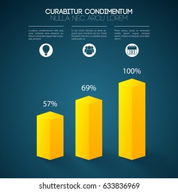 Web chart infographics with 3d yellow columns three steps business icons and percent rates isolated vector illustration