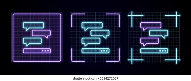 Web chat illustration, cyber neon visual, glowing border grid vector.	