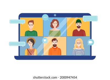 Web chatting. Friends joining online. Remote working or communication, training via video conference call. Workplace, laptop screen, group of people talking by internet. Video call concept. 