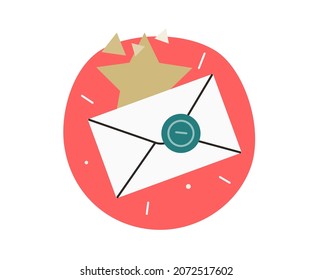 Web Christmas - um ícone para site corporativo e loja online. Ilustração de conceito de vetor plano moderno de um envelope e uma estrela. Memphis corporativa estilo esboçado, férias de inverno.