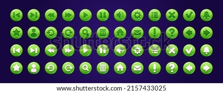 Web circle buttons with symbols of home, search, play, mail, arrows, sound, check and cross mark. Vector cartoon set of game ui elements, green glossy icons isolated on background