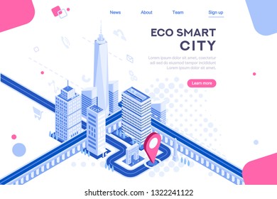 Web city smart eco system for engineers. Build flat complex, tech dashboard, virtual ui, architecture homepage. Map of skyscraper center. Banner, 3d isometric buildings isolated on white background