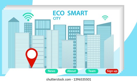Web city smart eco system for engineers. Landing page with downtown buildings and streets, map pins and place for text.Map of skyscraper center.