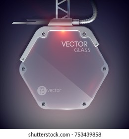 Web clean geometric template with glass hexagonal lamp and red backlight on dark background isolated vector illustration