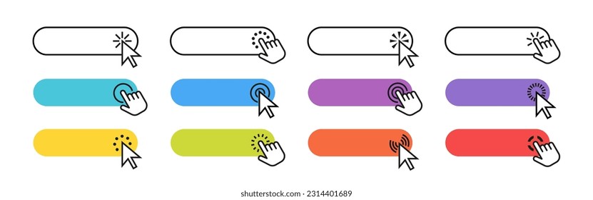 Web click button. Website buttons with pointer clicking hand and arrows icons, online site, internet store, digital UI button. Vector collection. Internet business shop options, loading purchase