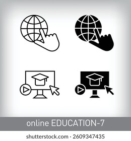 Web click and computer education graduation design. Simple linear and flat online education icon set.