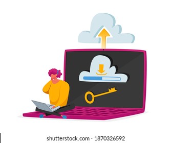 Web and Cloud Hosting Concept. Tiny Female Character Sitting on Huge Laptop with Key on Screen. Virtual Storage, Computing Tech, Data Center, Server Digital Technologies. Cartoon Vector Illustration