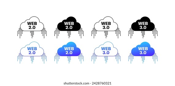 WEB cloud icon set. WEB 2.0, 3.0 cloud icons. Linear, silhouette and flat style. Vector icons