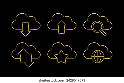 Web cloud icons set, golden metallic thin 3d lines, vector illustration collection.