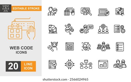 Web code line editable icon set. Development, program, website, coding, protection and more line icons
