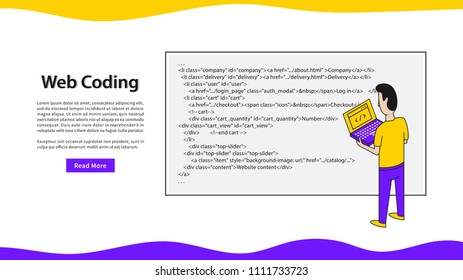 Web coding landing page vector illustration. Programmer with laptop and html code webpage template.