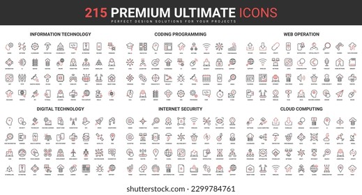 Web coding, programming and internet security thin line red black icons set vector illustration. Abstract symbols information, digital technology, cloud computing simple design for mobile and web apps