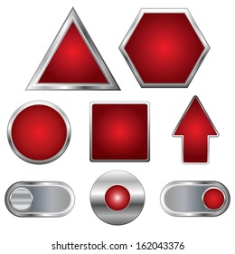 Web collection. Set of 8 vector elements. Shiny red buttons with metallic: triangle, hexagon, round, square, arrow, switches.