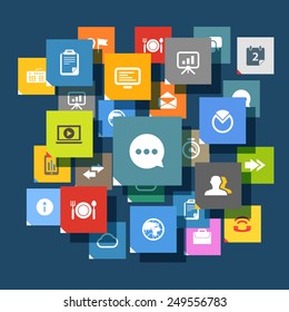 Web color tile interface template with modern business and social media icons. Flat design interface icons concept