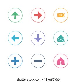 Web colorful flat icons set. Hand-drawn round buttons. Isolated. Vector illustration. Arrows, Letters, Home, Plus, Minus