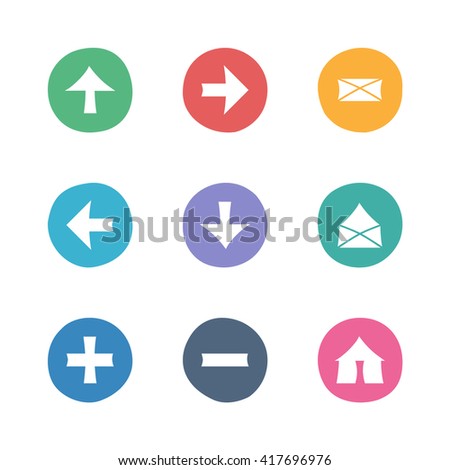 Web colorful flat icons set. Hand-drawn round buttons. Isolated. Vector illustration. Arrows, Letters, Home, Plus, Minus