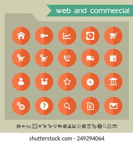 Web & Commercial icons on bright orange flat circles