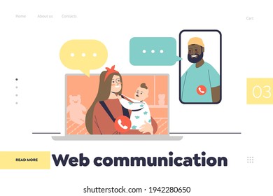Web-Kommunikationskonzept der Landung Seite mit Eltern und Kind sprechen online während der Familie Video-Call mit Gadgets. Virtuelle Kommunikation über Laptop und Smartphone. Flache Vektorgrafik