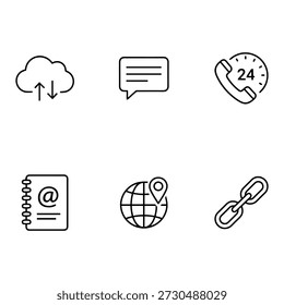 Web communication and contact us line icon pack. Cloud, chat, support, and global connection vector graphic elements