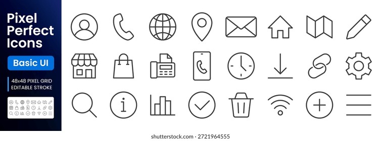 Symbolsatz für Web- und Kommunikationszeile. Benutzer, Telefon, E-Mail, Standort, Home minimale Vektorgrafiken. Einfache Umrissschilder für Kontakt mit uns, Basic UI. 48x48 Pixel Perfekt. Bearbeitbarer Strich