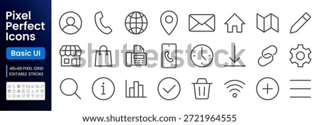 Web and communication line icon set. User, phone, mail, location, home minimal vector illustrations. Simple outline signs for contact us, basic UI. 48x48 Pixel Perfect. Editable Stroke