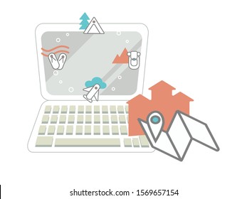 Web communication network vector design online booking.Сhoice of tourist destination, outdoor activities. icons on the desktop of the computer. Large icon map with city . City tour.