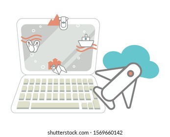 Web communication network vector design airline reservation.Сhoice of tourist destination, outdoor activities. icons on the desktop of the computer. Large icon airplane on sky background.