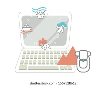 Web communication network vector design.Сhoice of tourist destination, outdoor activities. icons on the desktop of the computer. Enlarged icon of a backpack on a background of mountains, relaxation in