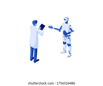 Web communication with scientific chat bot isometric concept. Online dialogue scientist with artificial intelligence help in selecting right information vector collecting bio research statistics.