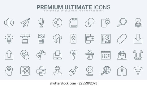 Web communication thin line icons set vector illustration. Outline router and high speed internet for data exchange and download, mobile apps for shopping and online cloud storage, cybersecurity