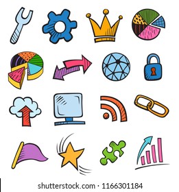 Web and Computer colorful Icon Set. Hand drawn multicolor Sketchy Doodles icons for the Internet. Back to School Style. Vector Illustration Design Elements