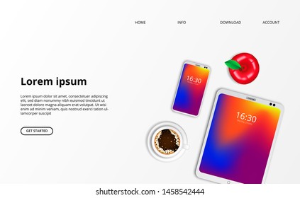 web computer setup, phone, notebook, plant, coffee top view with black background. business work home freelance professional banner landing page template