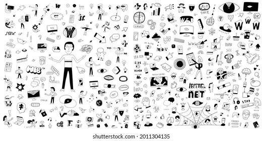 web ,comuter technology doodle set 