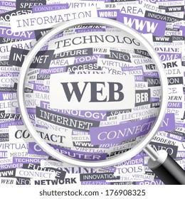 WEB. Konzept, Vektorgrafik. Word Cloud mit verwandten Tags und Begriffen. Sammlung von grafischen Tags. Wordcloud Collage. 