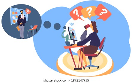Web conference concept, group of analyst managers discussing project sitting with laptops. Man at blackboard holds webinar communicates with female colleague remotely. People listen to task solution