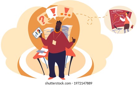 Web conference concept, team of analyst managers discussing project standing at blackboard. Woman with notebook holds webinar communicates with male colleague remotely. People listen to lecturer