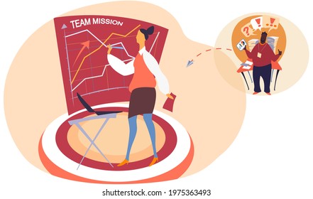 Web conference concept, team of analyst managers discussing project standing at blackboard. Woman with notebook holds webinar communicates with male colleague remotely. People listen to lecturer