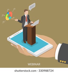 Web Conference Flat Isometric Vector Concept. Man's Hand Takes A Smartphone With Webinar Speaker On It.