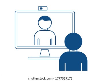 Web conference icon with people and web camera. Videoconference concept, online course, distant education, video lecture, work from home. EPS10.