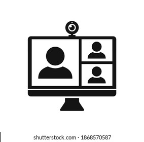 Web Conference Icon With People And Web Camera On Computer Screen, Digital Communication, Teaching Media Video Conference Icon, Home Office In Quarantine Times – Stock Vector