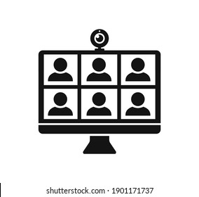 Web conference icon with people and web camera on computer screen, digital communication, teaching media video conference icon, home office in quarantine times – vector