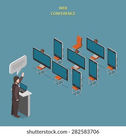 Web Conference or Webinar Flat Isometric Vector Concept. Devices Like PC, Smartphone, Tablet Sitting on Chairs and Listen to Speaker at Conference.