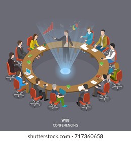 Web Conferencing Flat Isometric Low Poly Vector Concept. Business People Are Sitting At The Round Table And Listening A Speaker Who Shows His Report Through The Hologram Technology.